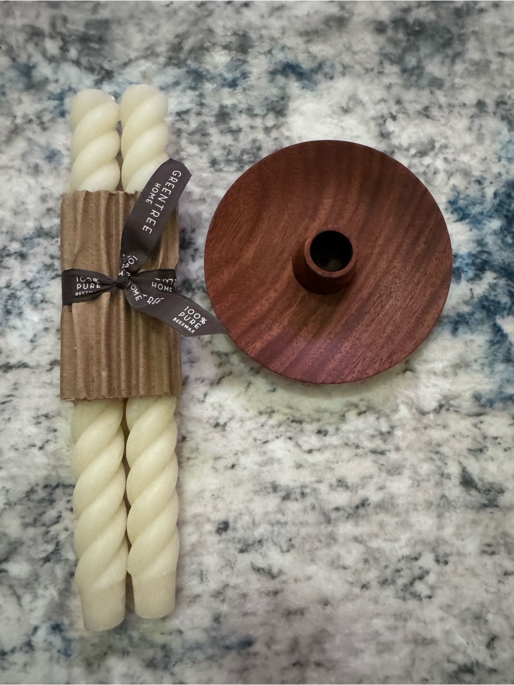 Cream Twisted Taper Candles with Wood Candle Holder